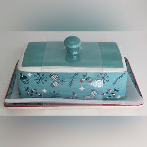 Blue Butter Dish Winter Wonderland Ceramic 8” Christmas New